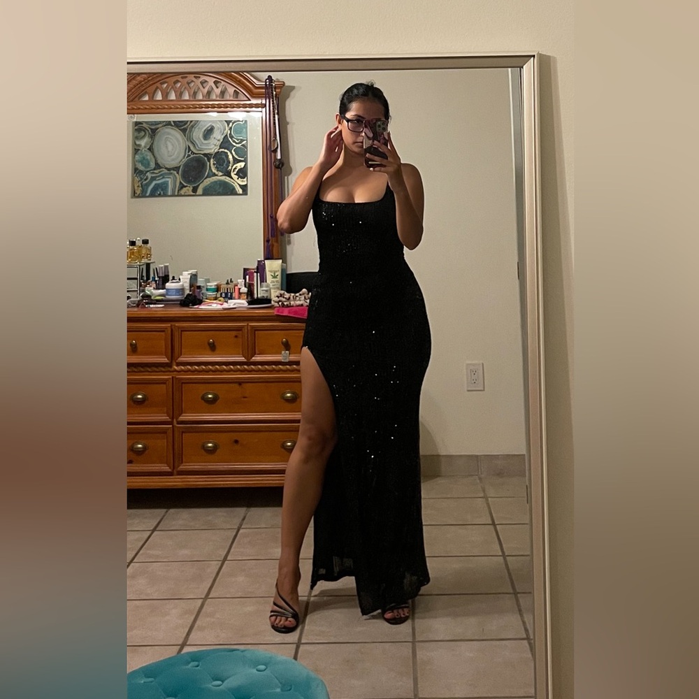 HIGH LIFE
BLACK SEQUIN SQUARE NECK SPLIT FRONT MAXI DRESS from Club Llondon - Picture 5 of 5